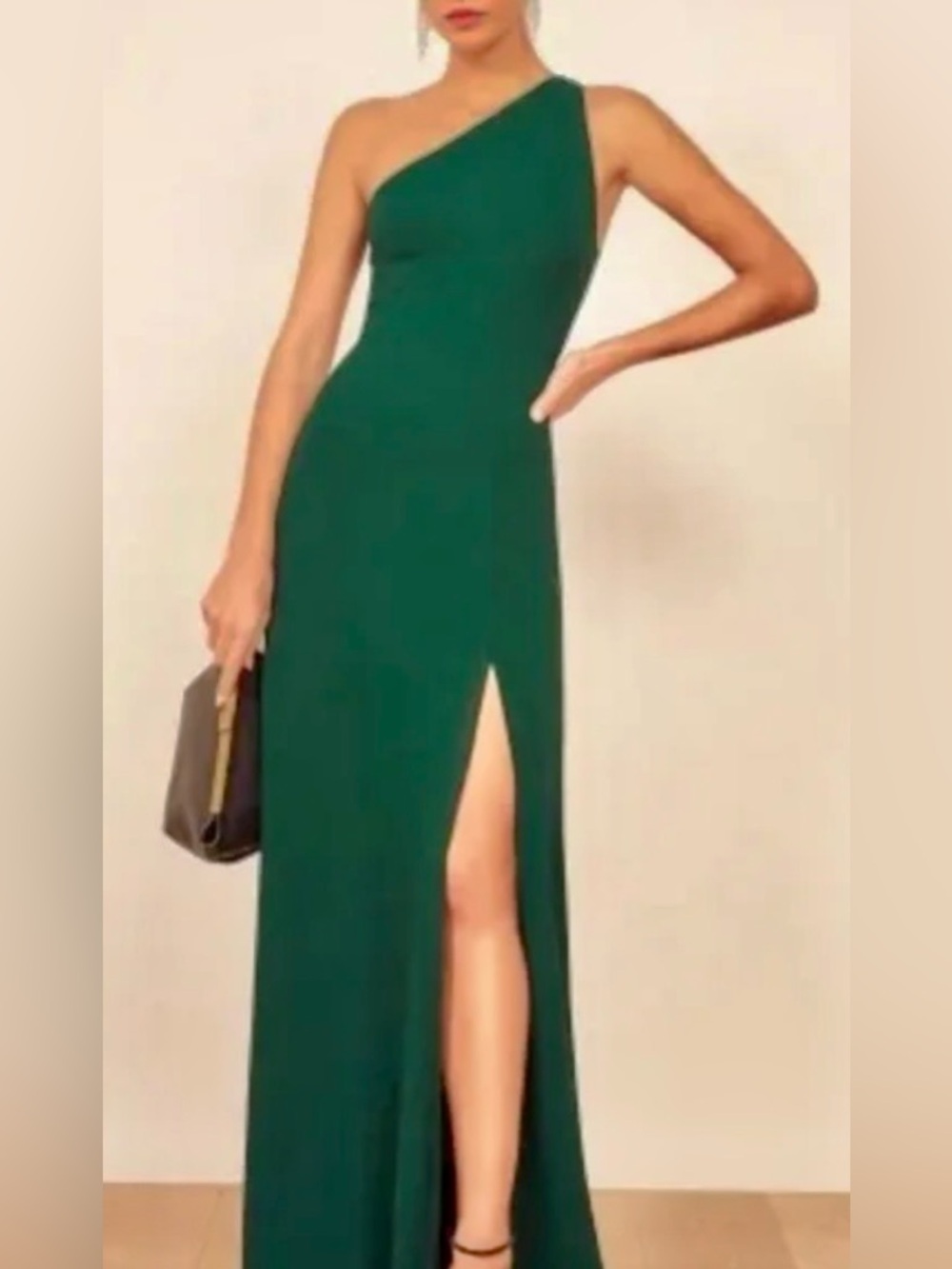 Reformation One-Shoulder Emerald Green  Evelyn Maxi Dress w Front Slit ZB8